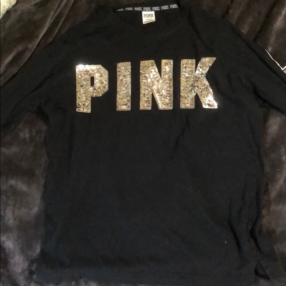 PINK long sleeve black sequins tee